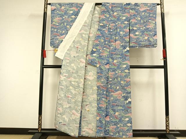 平和屋着物▽上質な小紋 単衣 型染め 風景文 正絹 逸品 AAAW1336fy