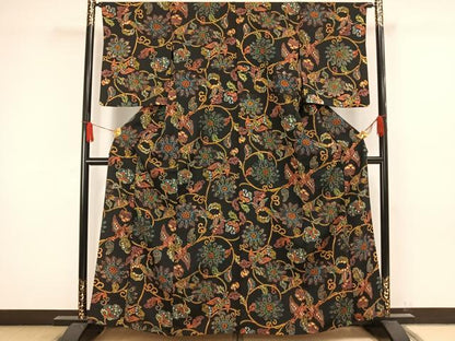 平和屋着物▽上質な小紋 単衣 型染め 花鳥文 黒地 正絹 逸品 AAAW1337fy