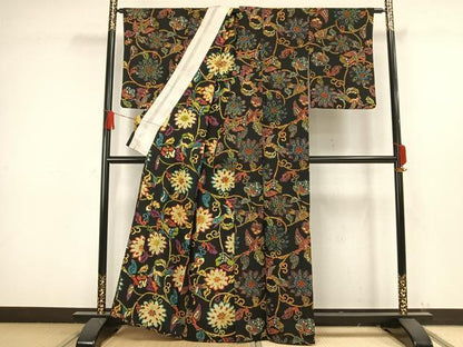 平和屋着物▽上質な小紋 単衣 型染め 花鳥文 黒地 正絹 逸品 AAAW1337fy