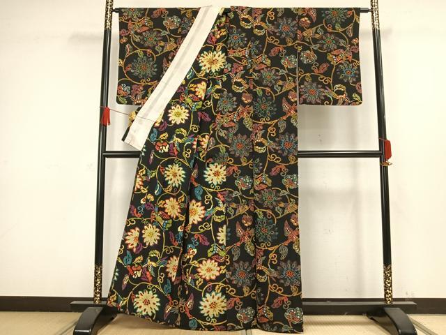 平和屋着物▽上質な小紋 単衣 型染め 花鳥文 黒地 正絹 逸品 AAAW1337fy