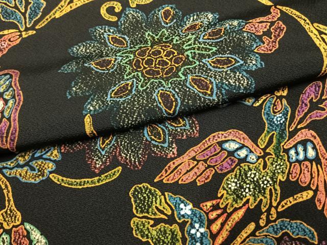 平和屋着物▽上質な小紋 単衣 型染め 花鳥文 黒地 正絹 逸品 AAAW1337fy
