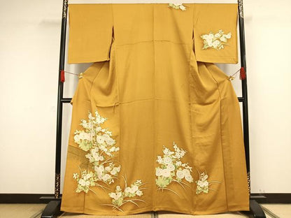 平和屋着物▽訪問着　単衣　刺繍　草花文　正絹　逸品　AAAW1342fy