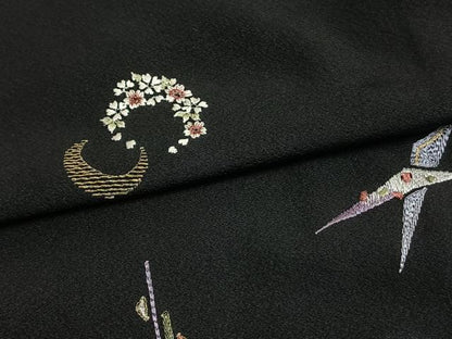 平和屋着物▽訪問着 単衣 刺繍 器物文 ほたる暈し 黒地正絹 逸品 AAAW1353fy