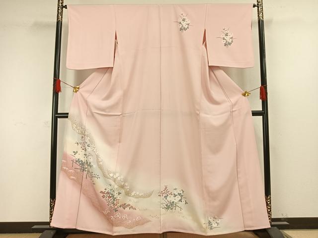 平和屋着物▽訪問着 単衣 友禅 草花文 金銀彩 正絹 逸品 AAAW1354fy