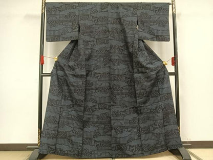 平和屋着物▽結城紬 単衣 80亀甲 風景文 正絹 逸品 AAAW1361fy