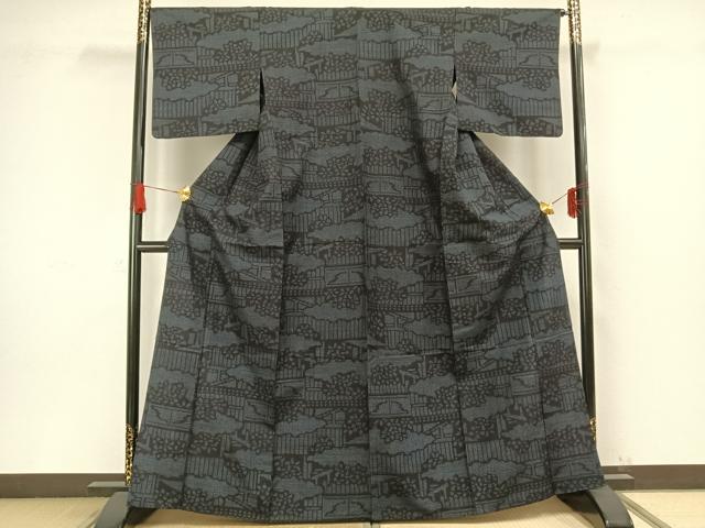 平和屋着物▽結城紬 単衣 80亀甲 風景文 正絹 逸品 AAAW1361fy