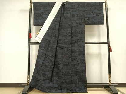 平和屋着物▽結城紬 単衣 80亀甲 風景文 正絹 逸品 AAAW1361fy