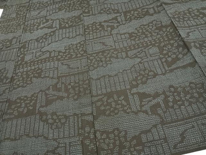 平和屋着物▽結城紬 単衣 80亀甲 風景文 正絹 逸品 AAAW1361fy
