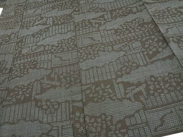 平和屋着物▽結城紬 単衣 80亀甲 風景文 正絹 逸品 AAAW1361fy