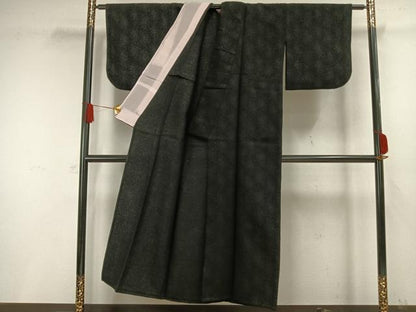 平和屋着物▽小紋　単衣　花尽くし　黒地　銀通し地　AAAW1367fy