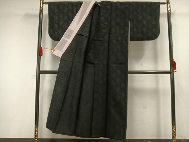 平和屋着物▽小紋　単衣　花尽くし　黒地　銀通し地　AAAW1367fy