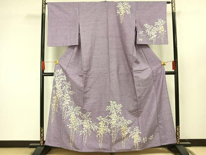 平和屋着物▽訪問着 単衣 紬地 型染め 藤花房 正絹 逸品 AAAW1370fy
