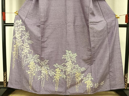 平和屋着物▽訪問着 単衣 紬地 型染め 藤花房 正絹 逸品 AAAW1370fy