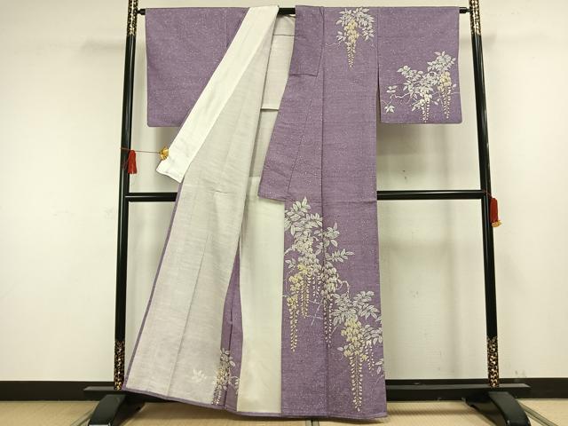 平和屋着物▽訪問着 単衣 紬地 型染め 藤花房 正絹 逸品 AAAW1370fy