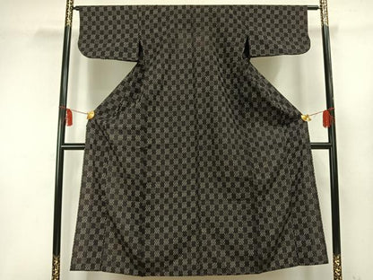 平和屋着物▽上質な紬 単衣 市松文様 正絹 逸品 AAAW1371fy