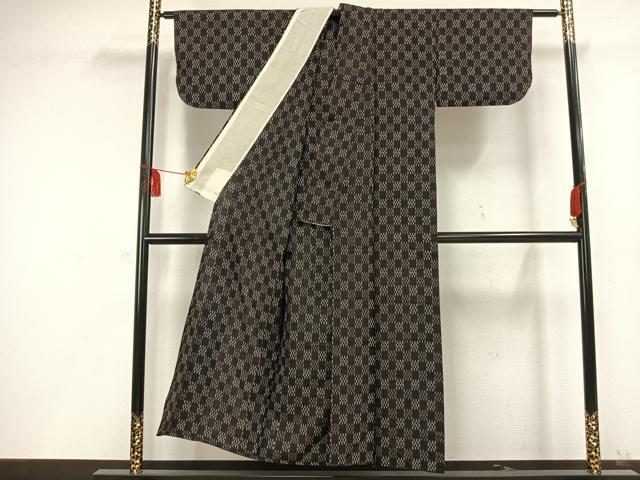 平和屋着物▽上質な紬 単衣 市松文様 正絹 逸品 AAAW1371fy