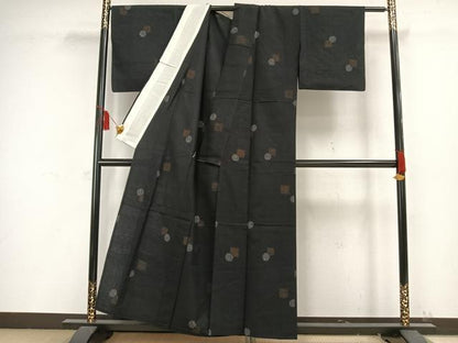 平和屋着物▽上質な紬 単衣 幾何学文様 黒地 正絹 逸品 AAAW1375fy