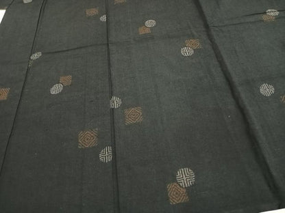 平和屋着物▽上質な紬 単衣 幾何学文様 黒地 正絹 逸品 AAAW1375fy