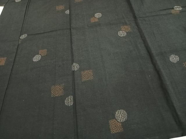 平和屋着物▽上質な紬 単衣 幾何学文様 黒地 正絹 逸品 AAAW1375fy