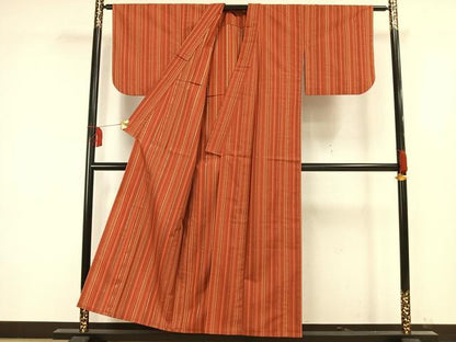 平和屋着物▽上質な紬 単衣 縞 正絹 逸品 AAAW1376fy