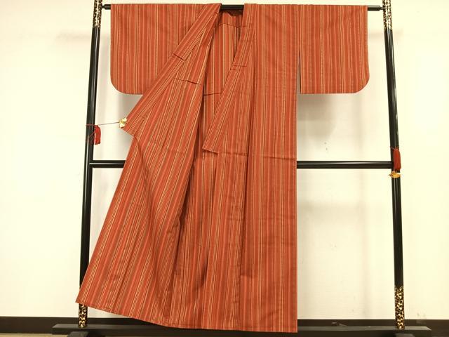 平和屋着物▽上質な紬 単衣 縞 正絹 逸品 AAAW1376fy