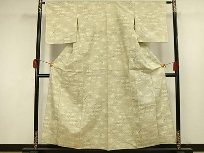 平和屋着物▽上質な紬　単衣　枝葉文　正絹　逸品　AAAW1382fy