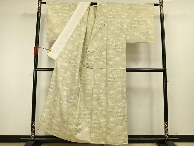 平和屋着物▽上質な紬　単衣　枝葉文　正絹　逸品　AAAW1382fy