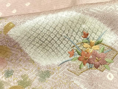 平和屋着物▽訪問着　単衣　絞り　刺繍　地紙花文　金糸　金彩　正絹　逸品　AAAW1384fy