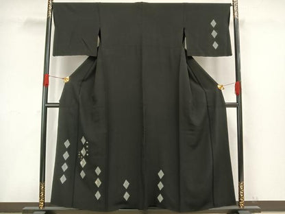平和屋着物▽訪問着 単衣 刺繍 菱文 黒地 金糸 金彩 正絹 逸品 AAAW1388fy