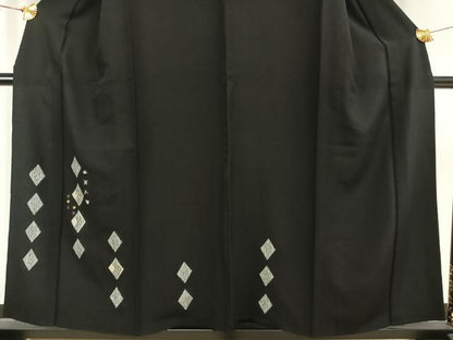 平和屋着物▽訪問着 単衣 刺繍 菱文 黒地 金糸 金彩 正絹 逸品 AAAW1388fy