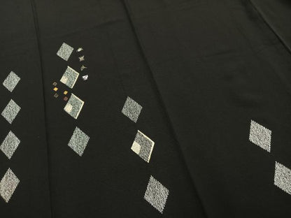 平和屋着物▽訪問着 単衣 刺繍 菱文 黒地 金糸 金彩 正絹 逸品 AAAW1388fy