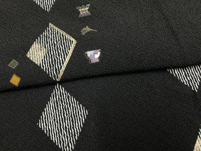 平和屋着物▽訪問着 単衣 刺繍 菱文 黒地 金糸 金彩 正絹 逸品 AAAW1388fy