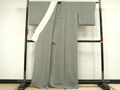 平和屋着物▽上質な色無地　単衣　灰青色　鬼しぼ縮緬　正絹　逸品　AAAW1392fy