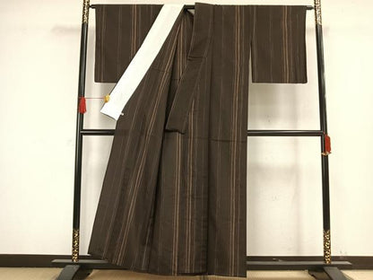 平和屋着物▽上質な紬 単衣 縞 さが美扱い 正絹 逸品 AAAW1396fy