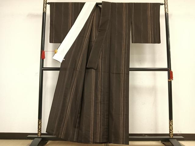 平和屋着物▽上質な紬 単衣 縞 さが美扱い 正絹 逸品 AAAW1396fy