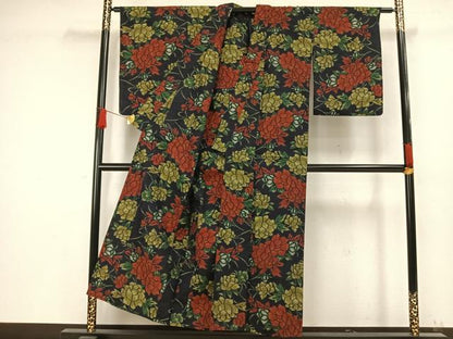 平和屋着物▽上質な紬 単衣 草花文 正絹 逸品 AAAW1401fy