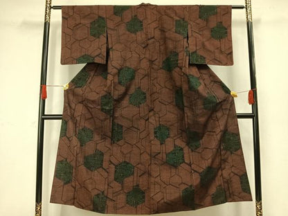 平和屋着物▽上質な紬 単衣 草花亀甲文 正絹 逸品 AAAW1403fy