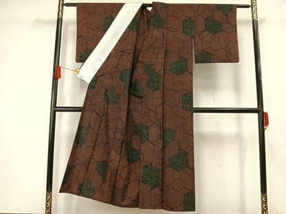平和屋着物▽上質な紬 単衣 草花亀甲文 正絹 逸品 AAAW1403fy