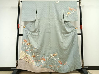 平和屋着物▽訪問着　単衣　駒刺繍　絞り　扇面花文　金彩　正絹　逸品　AAAW1406fy