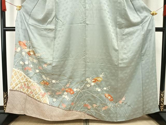 平和屋着物▽訪問着　単衣　駒刺繍　絞り　扇面花文　金彩　正絹　逸品　AAAW1406fy
