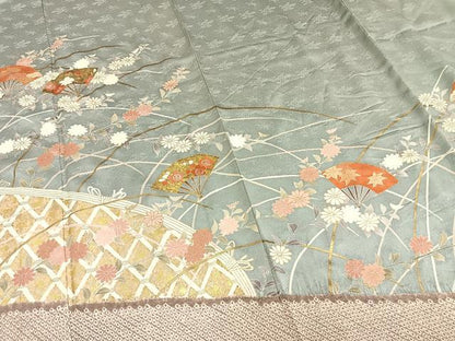 平和屋着物▽訪問着　単衣　駒刺繍　絞り　扇面花文　金彩　正絹　逸品　AAAW1406fy