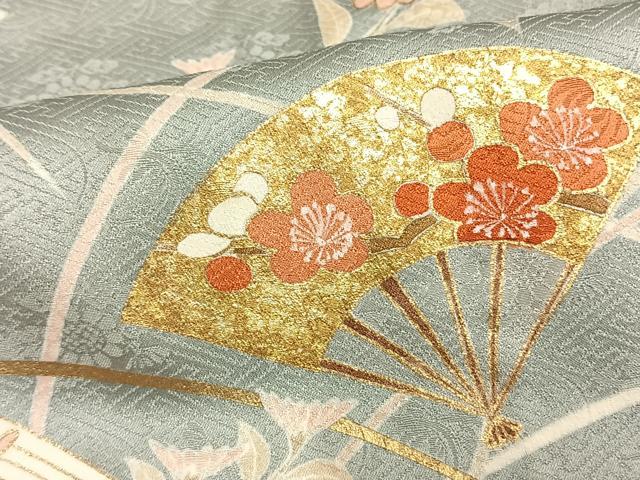 平和屋着物▽訪問着　単衣　駒刺繍　絞り　扇面花文　金彩　正絹　逸品　AAAW1406fy