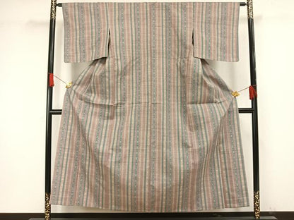 平和屋着物▽上質な紬 単衣 縞 正絹 逸品 AAAW1407fy