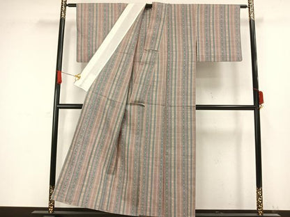 平和屋着物▽上質な紬 単衣 縞 正絹 逸品 AAAW1407fy