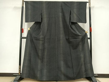 平和屋着物▽本塩沢 単衣 網目文 黒地 正絹 逸品 AAAW1410fy