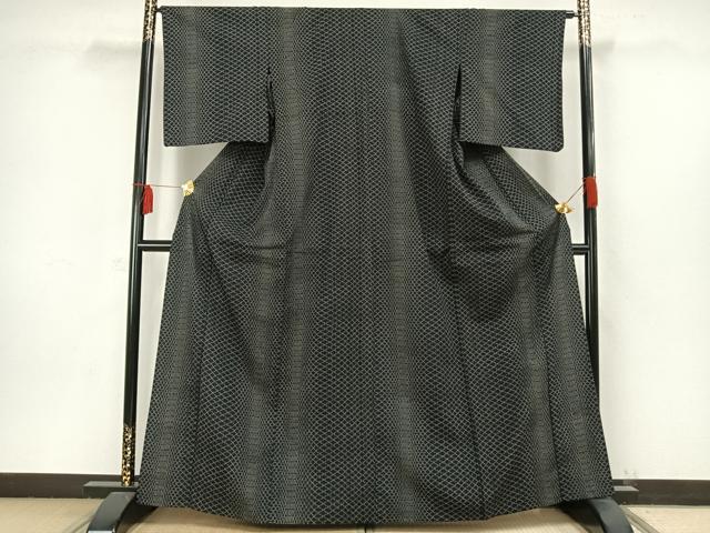 平和屋着物▽本塩沢 単衣 網目文 黒地 正絹 逸品 AAAW1410fy