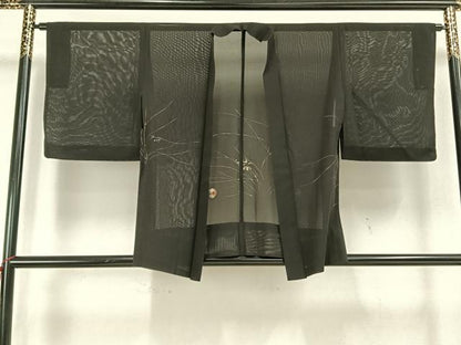 平和屋着物▽羽織 絽 スリーシーズン 春夏秋 塵除け 草葉文 黒地 正絹 逸品 AAAW1411fy