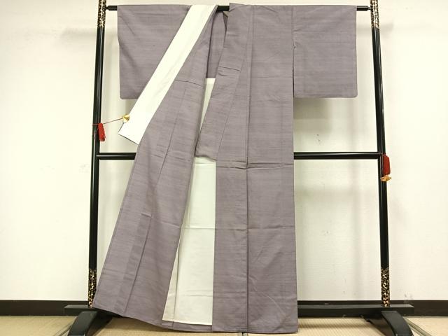 平和屋着物▽上質な紬　単衣　色無地　牡丹鼠色　正絹　逸品　AAAW1415fy
