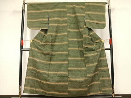 平和屋着物▽上質な紬 単衣 横縞 正絹 逸品 AAAW1416fy