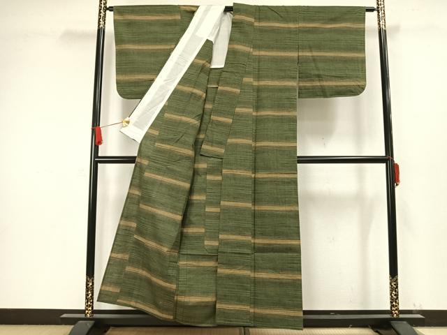 平和屋着物▽上質な紬 単衣 横縞 正絹 逸品 AAAW1416fy